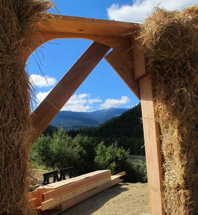 A straw bale building at Full Bloom Community